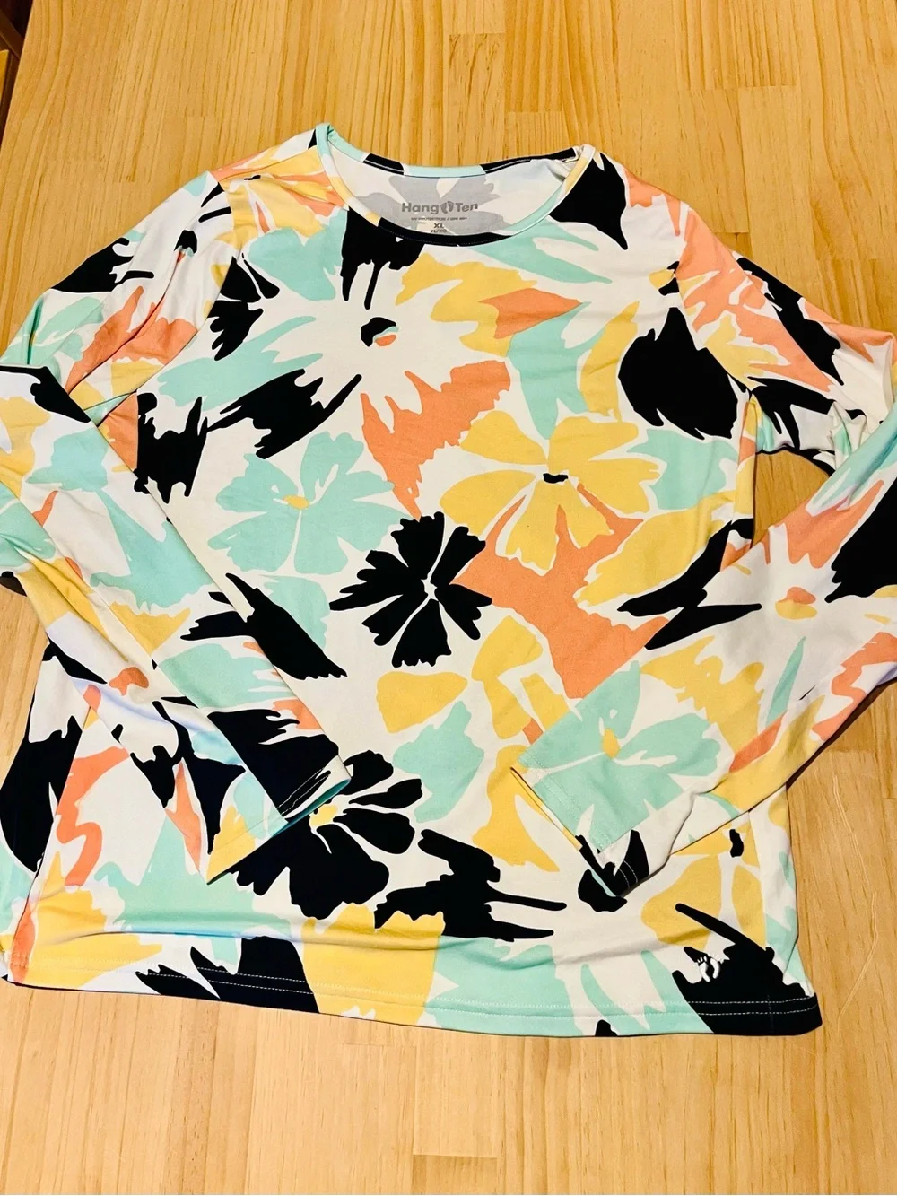 Hang Ten Women’s Sunray Long Sleeve Sun/Swim Tee, Mint + Blue, UPF 50+, XL!